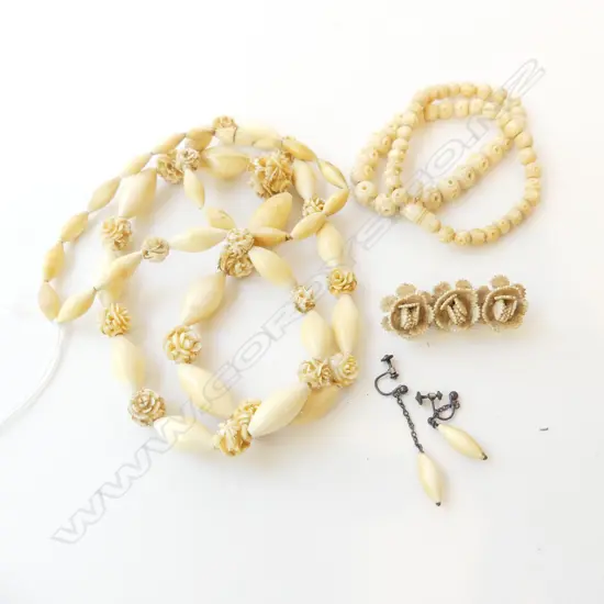 2 IVORY NECKLACES + PR EARRINGS & RESIN BROOCH