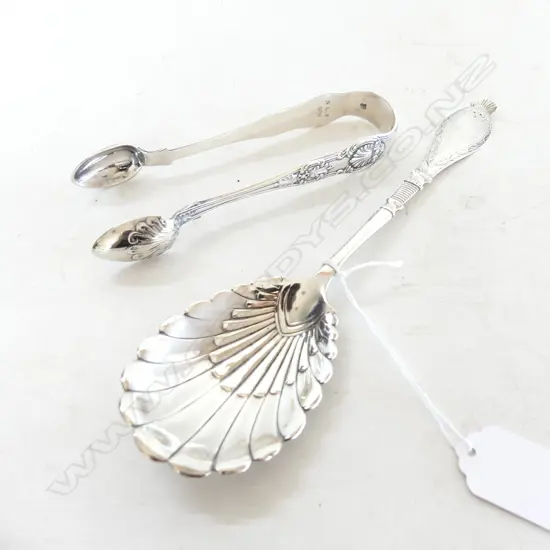 2 PCES STG SILVER; TONGS EXETER 1877, BERRY SPOON 115gm