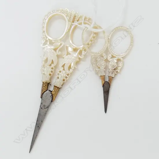 2 x PRs OF 19thC FANCY CARVED MOP & STEEL SISSORS: griffins to the handles + smaller pr