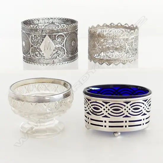 2 FILLIGRE SILVER NAPKIN RING HOLDERS & 2 S/SILVER LINED SALTS SILVER WIEGHT80GRMS