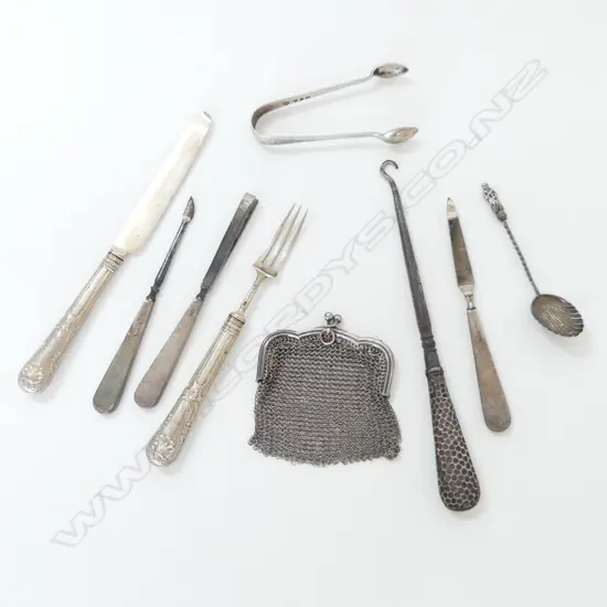 9 OLD SILVER ITEMS: knife fork hook tweezers coin purse vanity items etc
