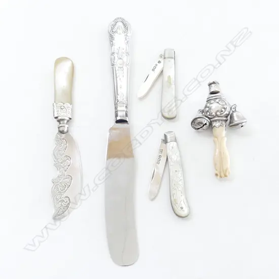 2 STG SILVER & MoP FRUIT KNIVES, 2 PCES CUTLERY, BABY RATTLE