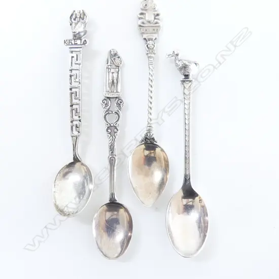 4 FANCY SILVER TEA SPOONS 45gms. Tiki + Dodo + Bremen & kreta