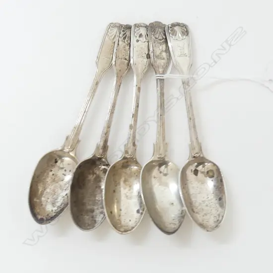 SET 5 VICTORIAN SILVER TEASPOONS London 1853 178gms. fiddle thread & shell