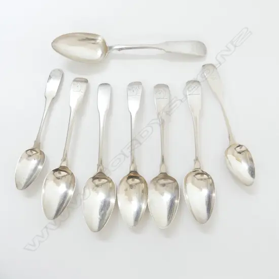 7 ANTIQUE IRISH SILVER DESSERT SPOONS (1 provincial?) + 1 Russian 239gms