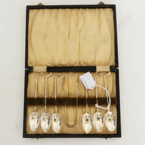 CASED SET S/SILVER GOLF TEASPOONS & TONGS SILVER WIEGHT 139gms