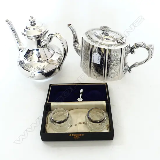 2 SILVER PLATE TEA / COFFEE POTS + BOXED PR SALTS STG RIM