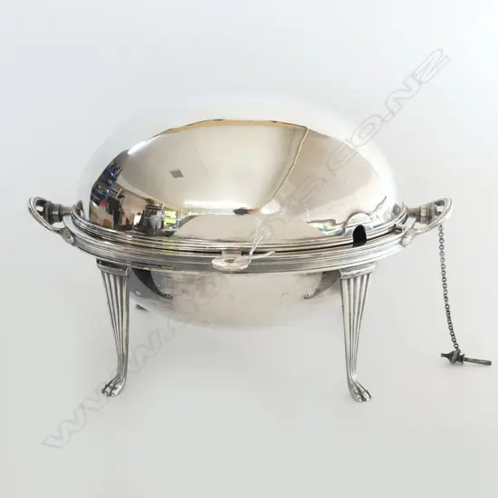 MAPPIN & WEBB SILVER PLATE chafing dish/bacon warmer with rollback lid 230 x 335mm