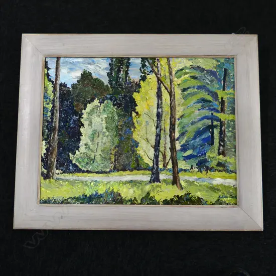 KATHLEEN CARR PATH THROUGH WOODS OIL ON BOARD 415 BY 545MM