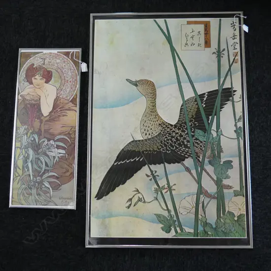 2 ART PRINTS: JAPANESE BIRD IN FLIGHT 900x 600MM + MUCHA LÉMERAUDE 620 x 240mm