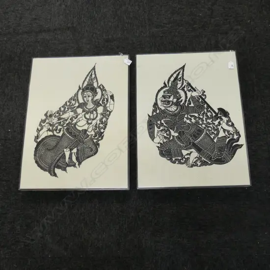 2 PERSPEX FRAMED THAI SILHOUETTE LEATHER CUT-OUTS: stylised dancer + warrior 625 x 465mm