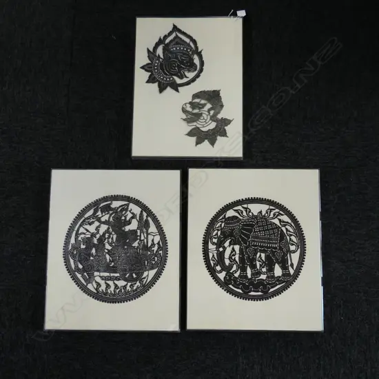 3 PERSPEX FRAMED THAI LEATHER SILHOUETTE CUT-OUTS: 2 heads + elephant + figures & chariot 435 x 360mm ea approx