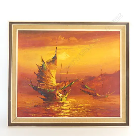 OIL PAINTING ON BOARD BOATS (JUNKS) AT SUNSET 500 x 600mm
