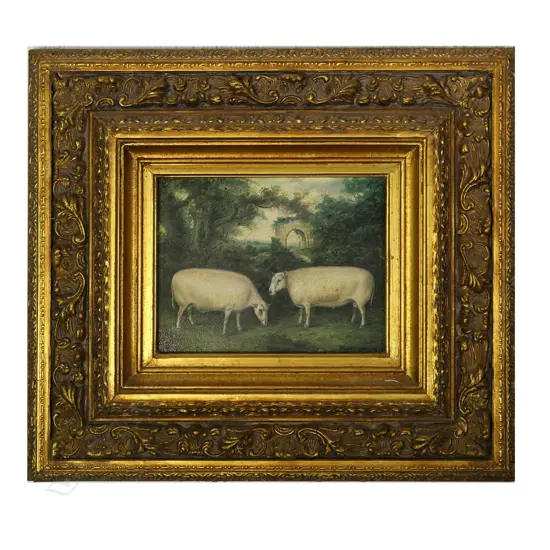 REPRODUCTION GEORGIAN SHEEP ARTWORK ELABORATE GILDED FRAME 220 x 240mm