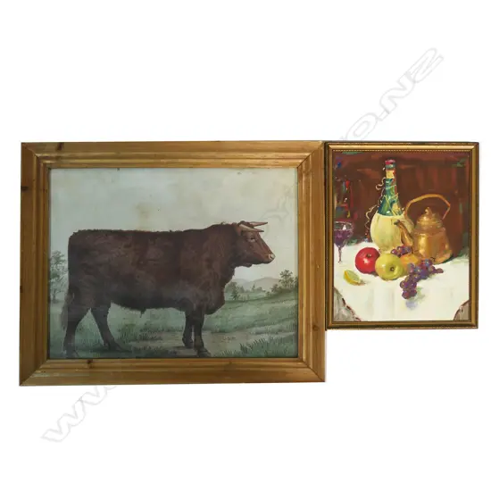 GEORGIAN STYLE COW PRINT & STILL LIFE OIL, 390 x 490mm & 360 x 270mm