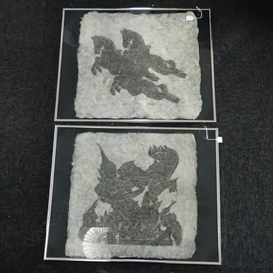 2 THAI TRADITIONAL RUBBINGS ON HAND-MADE PAPER: Leaping horses & figure w lion, monkeys & flames. 540 x 530mm approx.