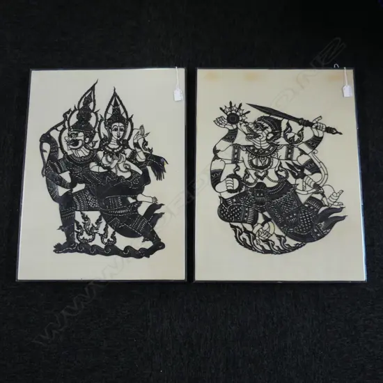 2 PERSPEX FRAMED THAI SILHOUETTE LEATHER CUT-OUTS: stylised traditional flame dancers