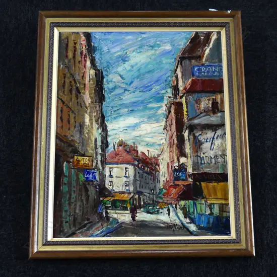 JULES DUFFART OIL ON BOARD FRENCH STREET SCENE 500 BY 405MM