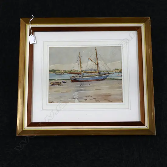 R LITTLE BEACHED SAIL BOAT WATER COLOUR 225 BY 280MM
