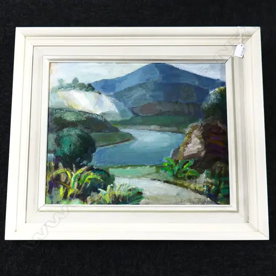 DOROTHY MORTON WIAKATO RIVER NEAR REIDS FARM OIL ON BOARD 385 BY 485MM