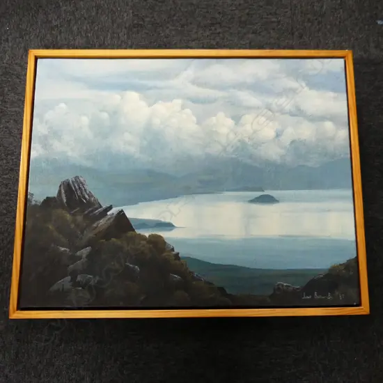 JANET BOTHNER-BY 'TAUPO FROM TAUHARA' OIL ON HESSIAN BOARD '87 700x900mm