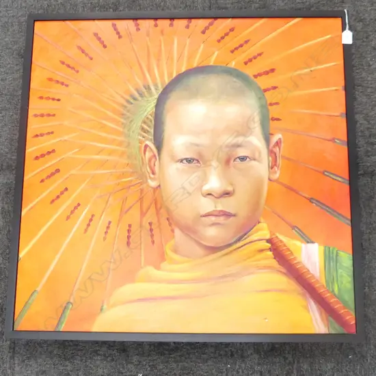 ARTIST UNKNOWN, BUDDHIST MONK w. ORANGE PARASOL, OIL ON BOARD 780x790mm