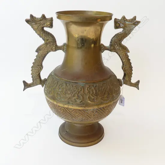 LG ORIENTAL BRASS VASE - DOUBLE DRAGON HANDLES H.380mm
