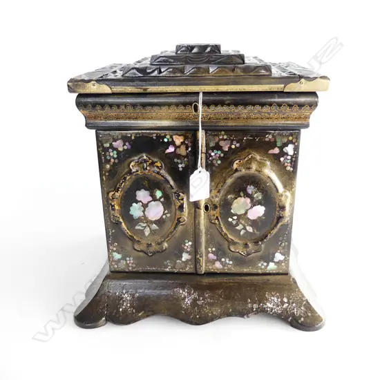 ANTIQUE LAQUER WARE JEWELERY BOX w MOP INLAY, H.300mm some restoration to top