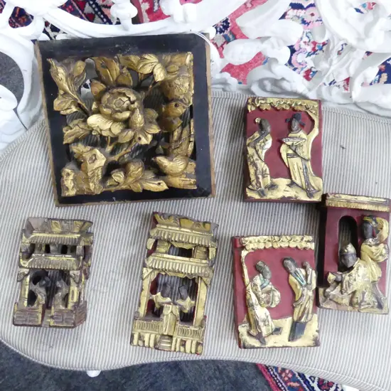 6 ORIENTAL CARVED WOODEN FRIEZES, 3 GOLD & RED, 2 GOLD & BLK 1 SQUARE FLORAL w BIRDS MID CENTURY, (bought to NZ 1950/60)