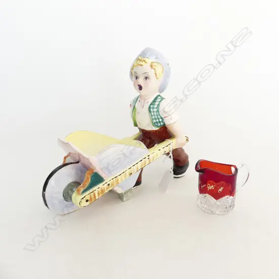 AUSTRIAN ? BOY W WHEELBARROW small chip to hat + EXHIBITION NZ RUBY GLASS JUG