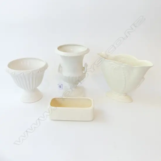 4 WHITE CERAMIC VASES; SHORTER & SONS URN H.230mm, BESWICK PALM, CROWN LYNN TROUGH W.180mm all w. slight faults