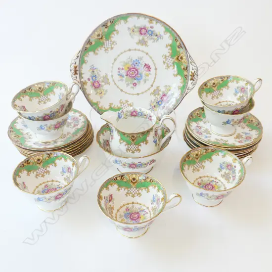 24 PCE SHELLEY SHERATON TEA SET: 7 TRIOS (1 CUP REPAIRED), PLATE, MILK & SUGAR