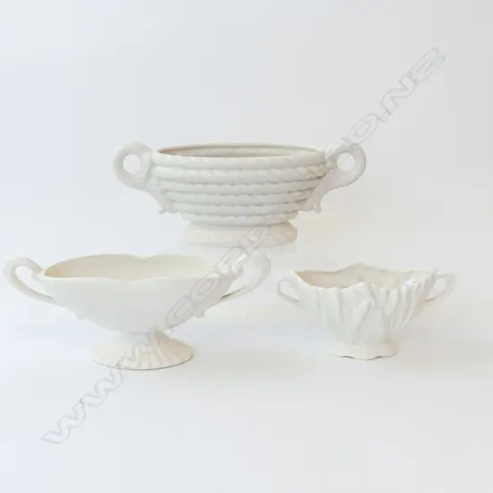 3 WHITE CERAMIC VASES (SMALLEST SYLVAC w. RIM CHIP W.210mm) W.325mm