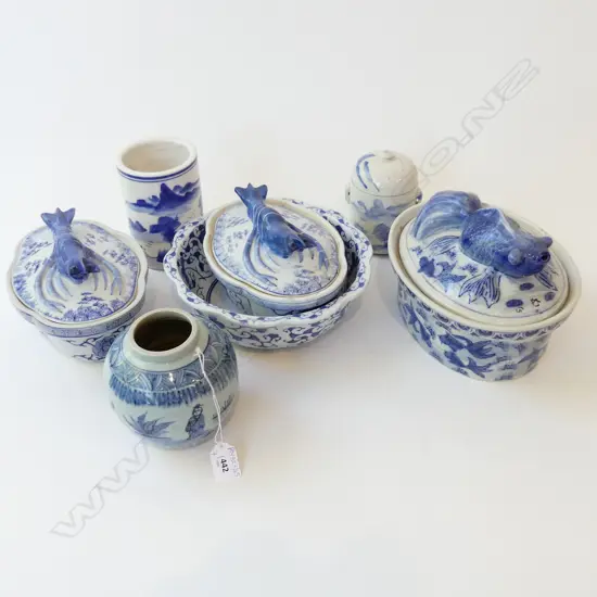 7 PCES ORIENTAL B/W CERAMICS; 4 LIDDED CONTAINERS (1 AF), 2 VASES & BOWL 240mm dia