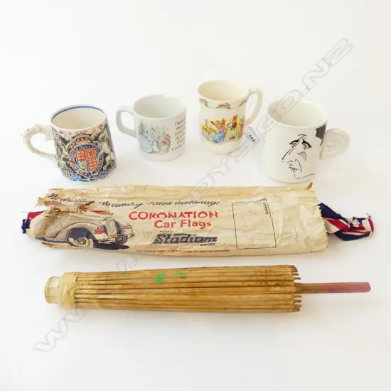 ROYAL MEMORABILIA, CORONATION FLAGS, MUG 1937 & PRINCE CHARLES ÉAR'HANDLED MUG PLUS 2 ROYAL DOULTON BUNNYKINS MUGS