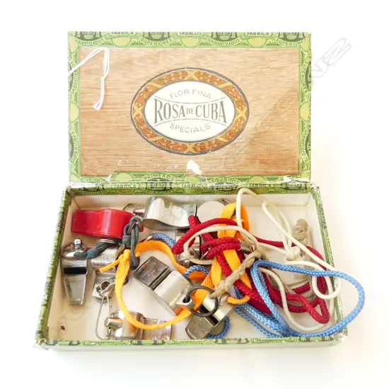 CIGAR BOX w. 9 ASST. WHISTLES 
