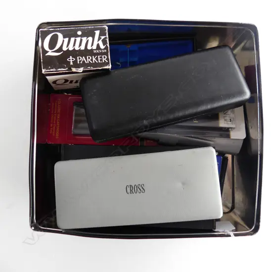 TIN ASST. PENS, PEN CASES, INK REFILLS ETC