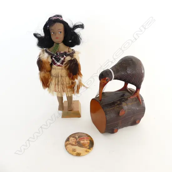 MAORI DOLL, CARVED KIWI ON LOG & MOTHER & CHILD TIN MIRROR