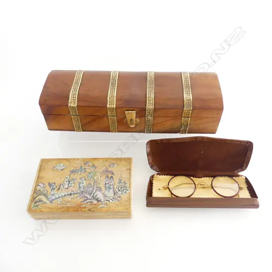 CHINESE ABALONE INLAID STONE BOX + BRASS bound WOOD JEWEL BOX + OLD SPECTACLES John Lennon style