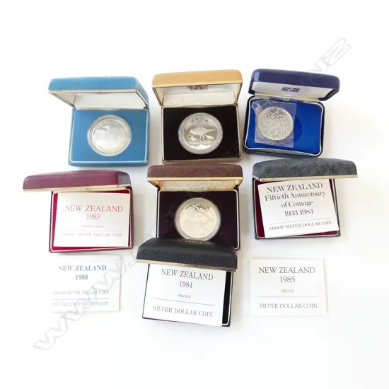 8 NZ PROOF SILVER DOLLARS 1977 WIATANGI 1978 1979 1980 1982 1986 & ROYAL VISIT 1968 1987