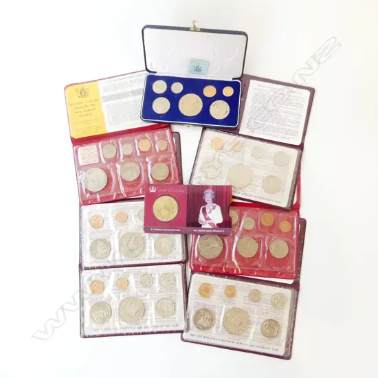6 UNCERCULATED NZ COIN SETS ROYAL VISIT 1970 50TH ANNIVERSARY QE2 80TH ISSUE