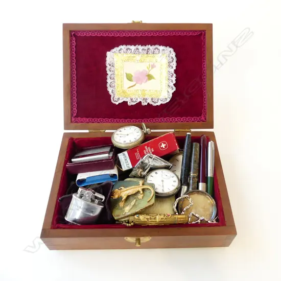 WOODEN JEWELLERY BOX W.240mm + ASST. CONTENTS INCL. 2 POCKETWATCHES 1 STG