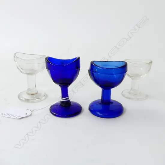 FOUR ANTIQUE EYE BATHS – TWO BLUE & TWO CLEAR WHITAL TATUM CO ETC