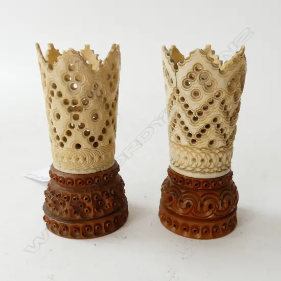 PAIR VICTORIAN CARVED BONE & COQUILLA NUT ORNAMENTS H.85MM