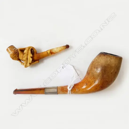 TWO MEERSCHAUM PIPES – ONE WITH SILVER COLLAR AND ONE CARVED WITH ACORN L.140MM, 80MM