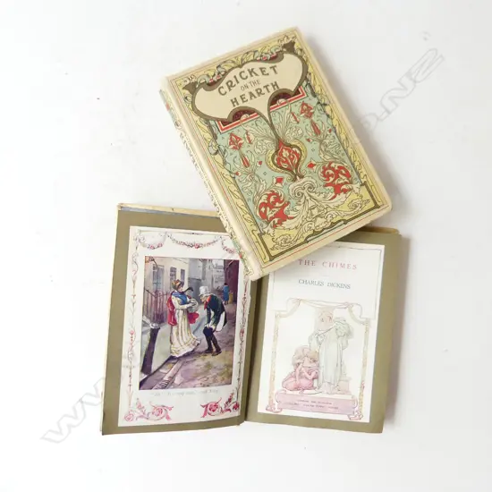 TWO ART NOUVEAU CHARLES DICKENS NOVELS 'CRICKET ON THE HEARTH' & 'CHIMES' PUBLISHED 1909 L.135MM