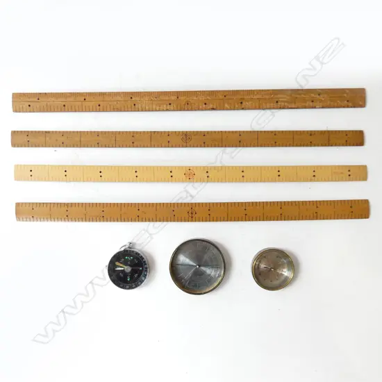 4 VINTAGE BAMBOO JAPANESE RULERS 1930S TOGETHER WITH 3 COMPASSES