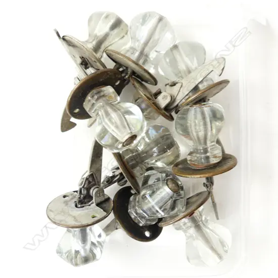 TEN MATCHING GLASS DRAWER HANDLES PATENT JAN 3 1928 SPRING LOADED