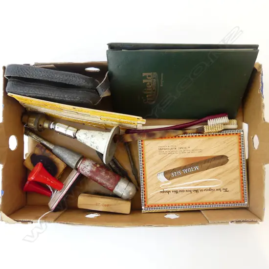 BOX OF SMALL COLLECTABLES – CIGAR BOX, SLIDE RULE, STAMPS, TOOLS, TOOTHBRUSHES, NOTEBOOK ETC