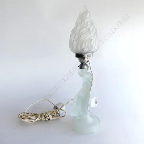 DECO LADY LAMP ON ROCK IN SATIN GLASS FINISH WITH MATCHING FLAME SHADE. H. 420mm